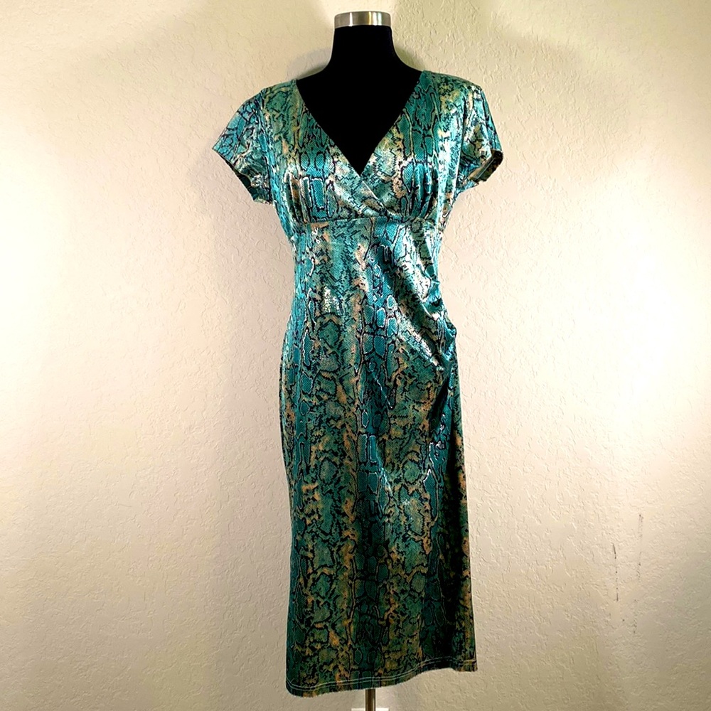 Tatyana Retro teal Metallic snakeskin Wiggle dress